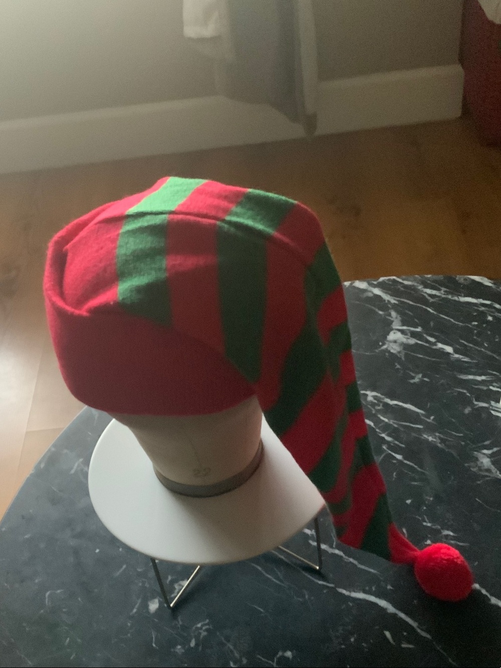 Kids Red & Green Striped Elf-Style Beanie Hat with Pom Pom